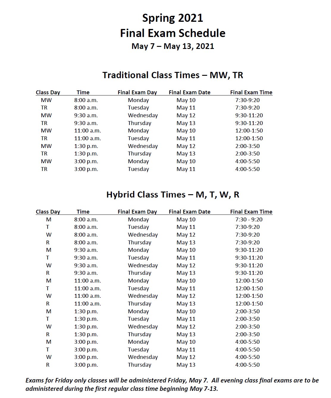 Spring 2021 Fina lExam Schedule