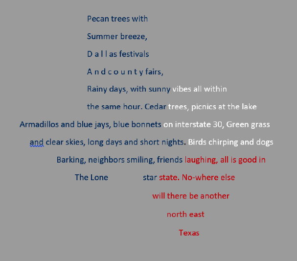 Texas shaped poem word cloud