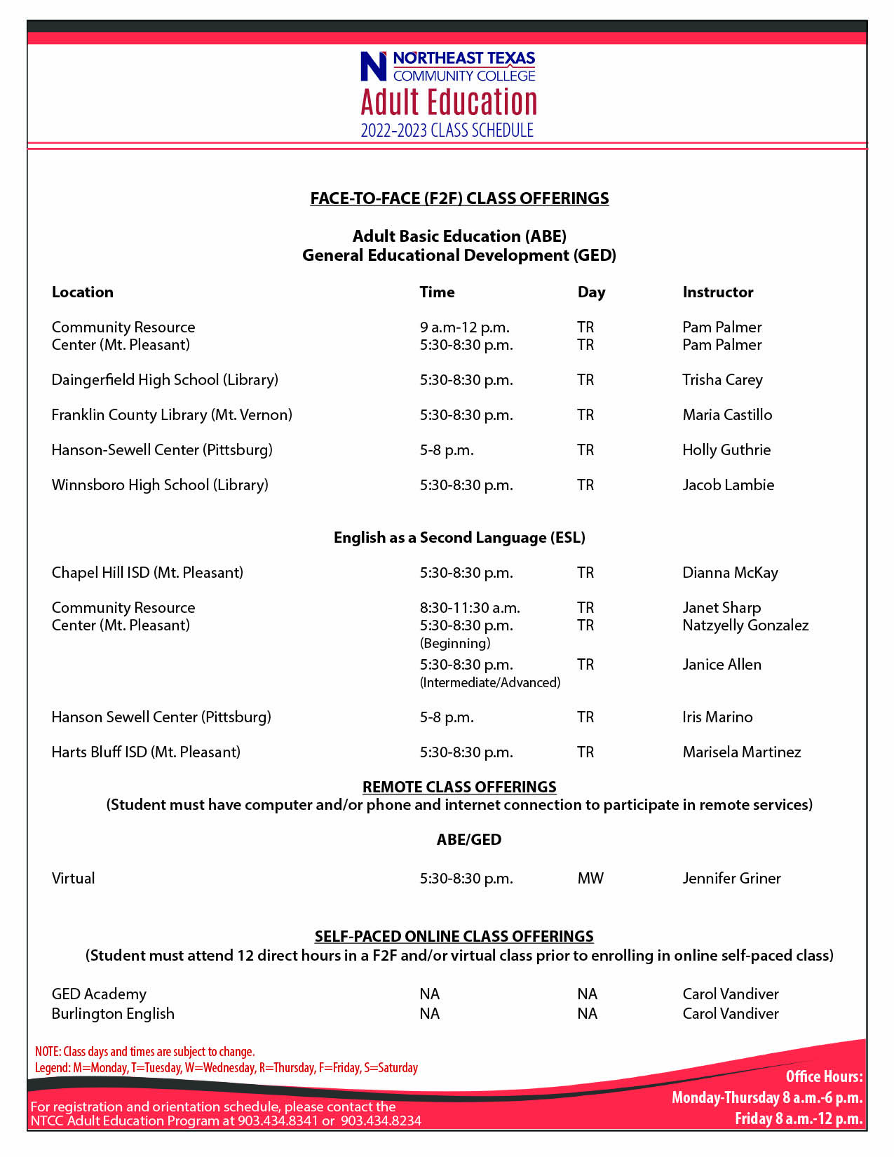 adult ed schedule