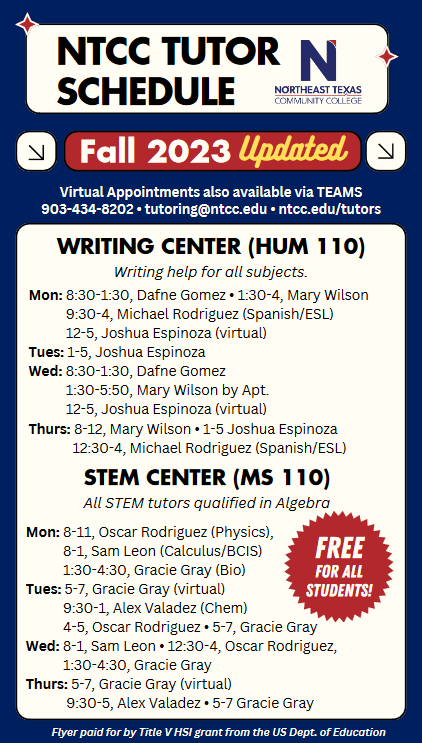 Fall 2023 Tutor Schedule Revised