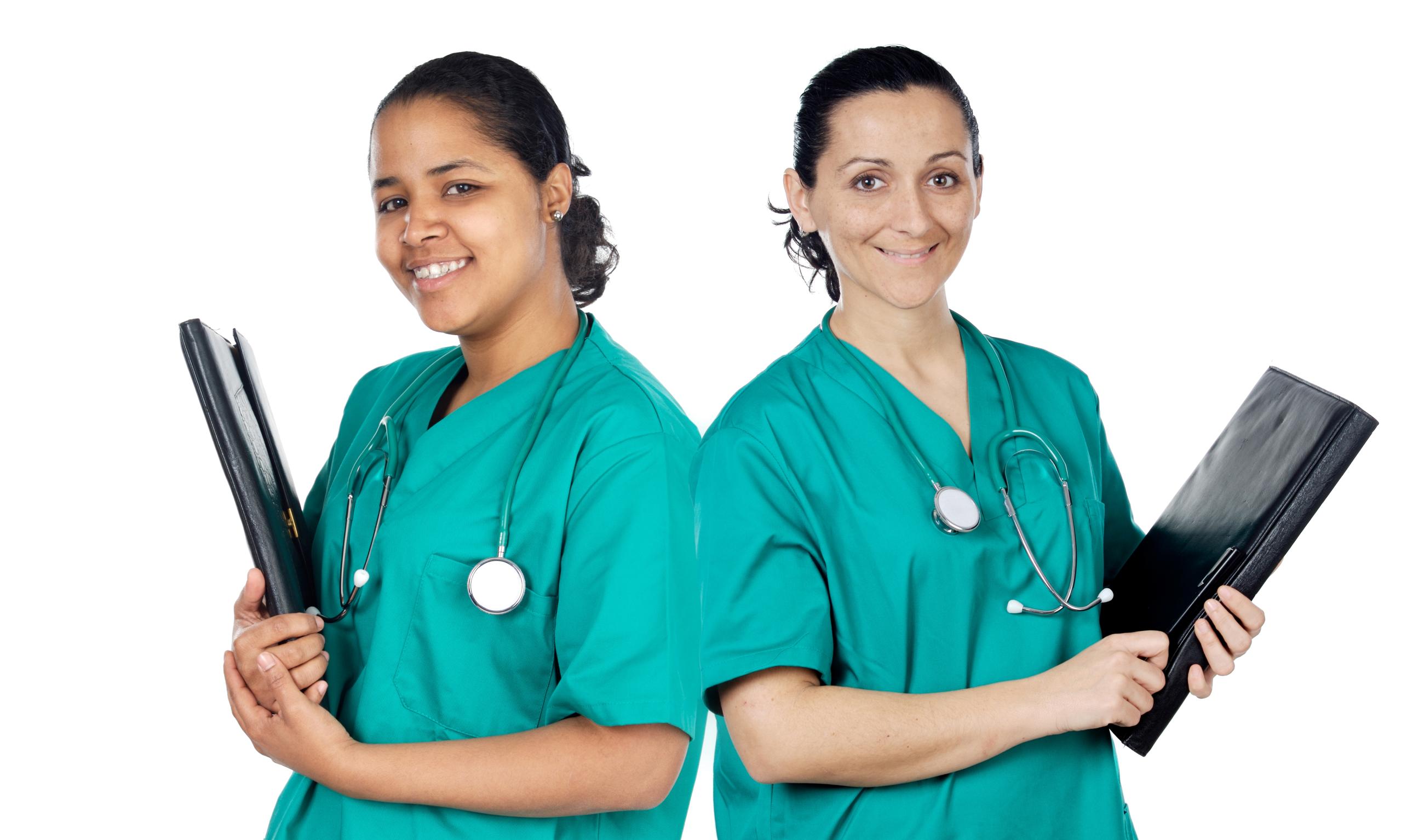 Nurses wearing stethascopes holding files