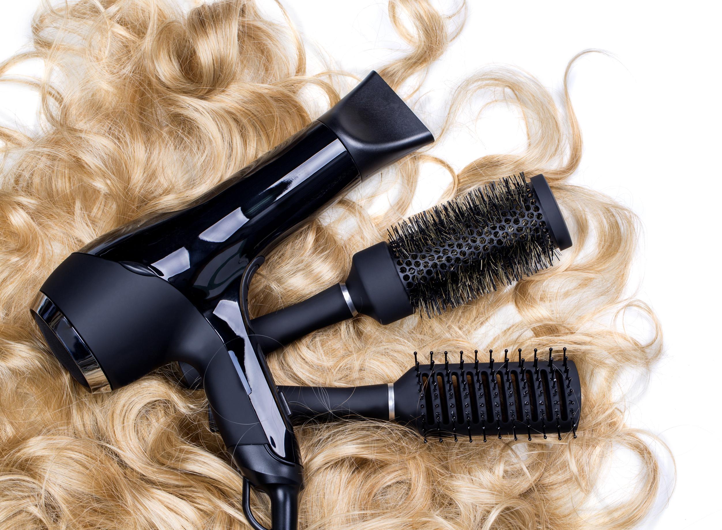 long hair, hair dryer, and hair brushes