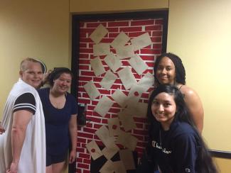 students with decorated door