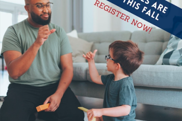 asl class graphic with man signing to child